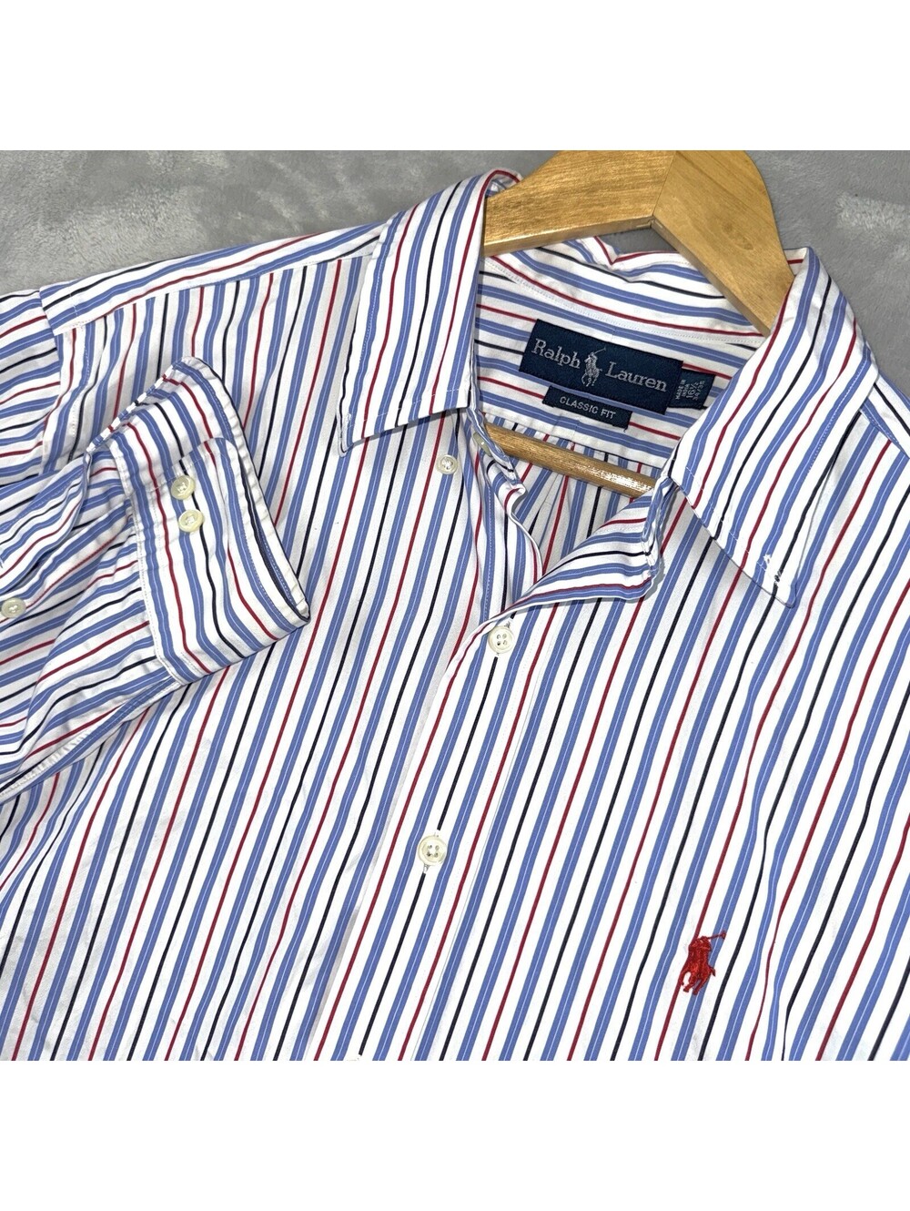 Polo Ralph Lauren 16.5 Classic Fit Dress Shirt Blue Red Stripe Pony Button Down